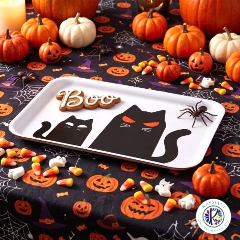 IKEA KUSTFYR Tray 8x11 Halloween Black Cat Pattern White Melamine Serving Tray